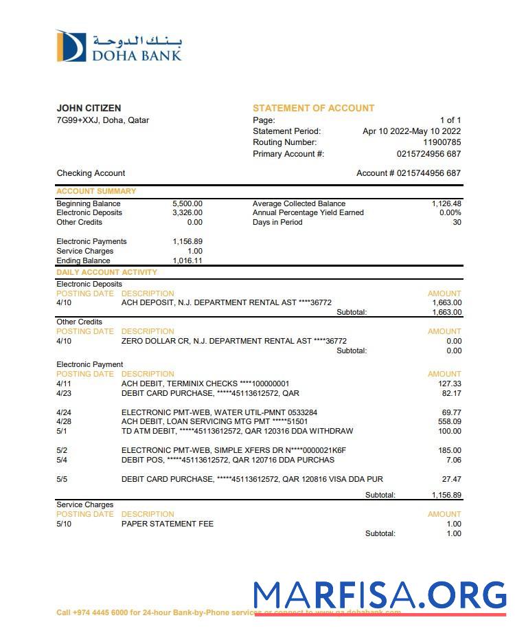 Printable Qatar Doha bank statement excel real example